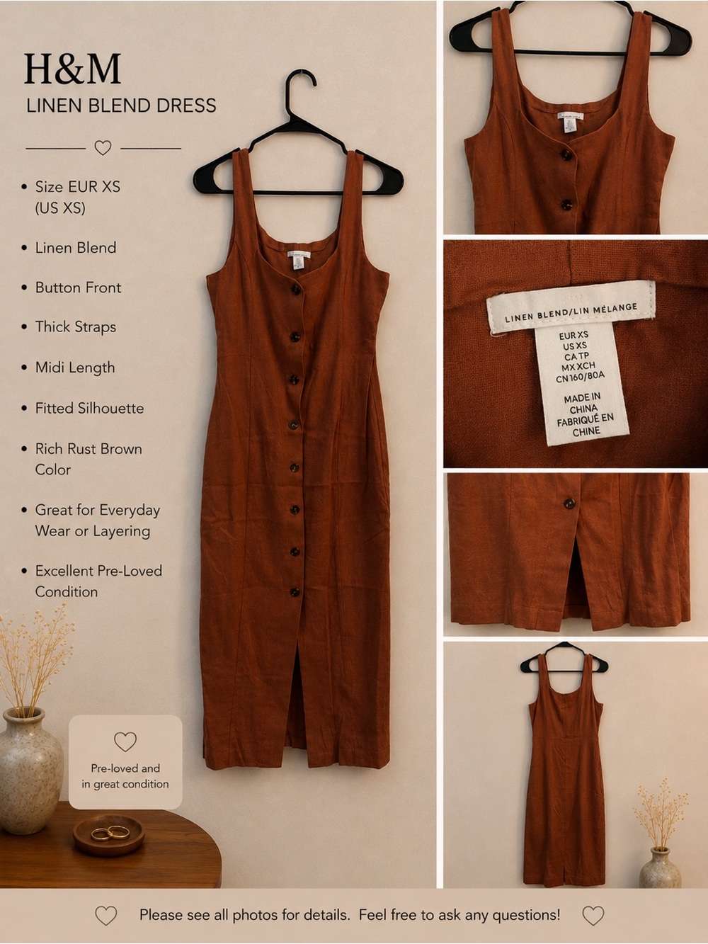H&M Rust Brown Linen-Blend Button Front Midi Dress